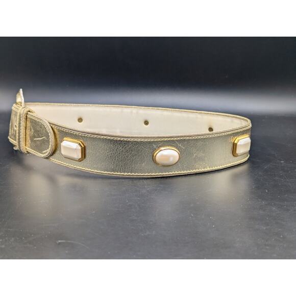 Vintage ESCADA Gold Metallic Leather Belt Western Germany Faux Pearl Lrg Buckle main image 4